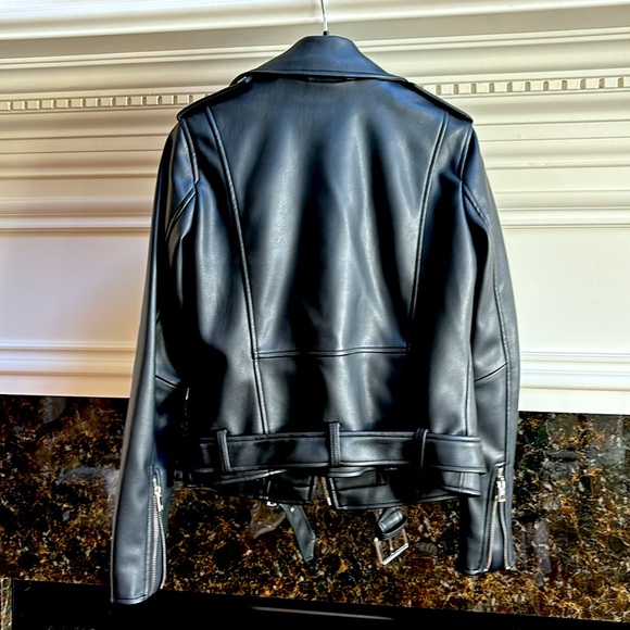 Zara vegan leather black belted biker jacket sz. XS - Picture 5 of 16